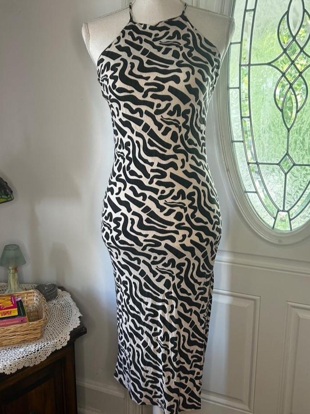Women's Black & White Abstract Halter Midi Dress